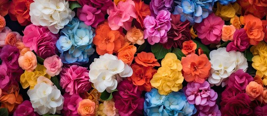 Poster - Floral blooms in the garden with abundant colorful petals and green foliage create a visually striking and captivating copy space image