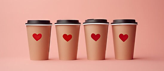 Poster - Flat lay view of three brown craft cups with coffee or tea to go placed on a pastel pink background The cups are adorned with paper red hearts creating a decorative touch There is copy space availabl