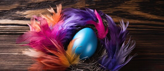 Aufkleber - A colorful Easter egg surrounded by feathers rests in a nest placed on a wooden background creating an appealing copy space image