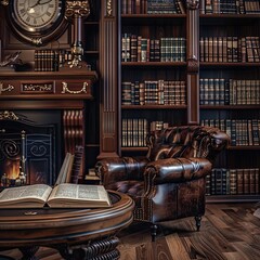 Aufkleber - Cozy, vintage library with leather armchair, fireplace, and open book. Classic interior design with wooden bookshelves.