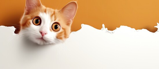 Poster - A curious orange and white cat with a surprised expression peeks through a background featuring torn paper creating a sense of wonder Copy space image