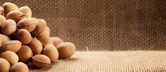 Wall Mural - A closeup image of Macadamia nuts can be seen on a burlap background representing healthy eating heart disease prevention and cosmetology The texture of the nuts adds to the copy space image 177 char