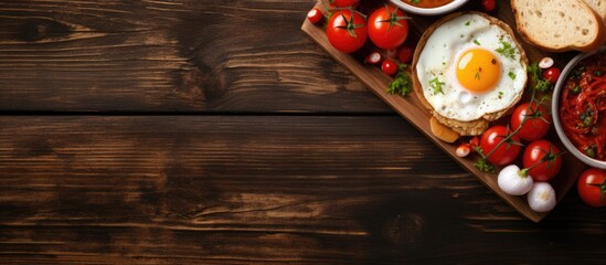 Poster - A delicious breakfast spread with fried eggs and tomato toasts beautifully arranged on a rustic wooden cutting board creating an inviting copy space image