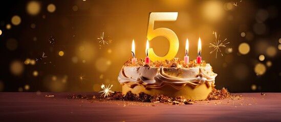 Poster - Colorful festive card with a burning number 5 featuring golden candles and decorations Perfect for a happy birthday celebration Ample copy space available for personalization