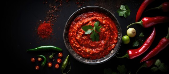 Poster - A bowl of homemade rose harissa sauce made with hot chili peppers captured in a top view flat lay on a black background providing ample copy space for text or other elements