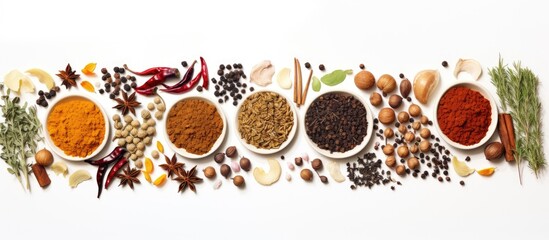 Aufkleber - A white background with an assortment of spices herbs and utensils creates a food themed copy space image