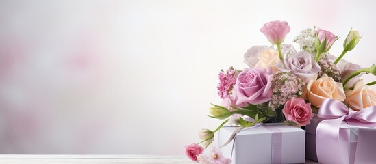 Poster - Mother s Day copy space image featuring a lovely assortment of flowers accompanied by a gift and a greeting card set against a light background