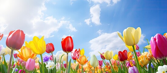 Poster - The garden is filled with vibrant tulip flowers creating a colorful and visually appealing scene Enjoy a lovely day surrounded by this beautiful copy space image