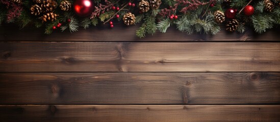 Poster - Close up of a wooden desk with a striped timber surface adorned with Christmas decorations such as fir branches and colorful berries Ample copy space available