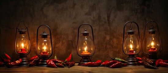 Wall Mural - An antique background featuring old oil lamps adorned with chili pepper bunts creating a visually appealing copy space image