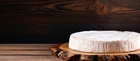 Poster - Copy space image of Camembert cheese displayed on a rustic wooden cutting board