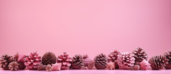 Aufkleber - An autumn themed composition featuring Christmas pine cones arranged on a pink background serving as a template for greeting card designs with space for text. with copy space image