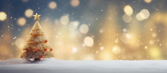 Aufkleber - A festive Christmas composition featuring a small decorative fir tree adorned with twinkling bokeh lights Copy space image