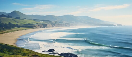 Aufkleber - An idyllic coastal scene with a picturesque combination of sandy beaches rolling hills and a breathtaking view of the Pacific Ocean The image captivates viewers with its serene beauty and vast open s