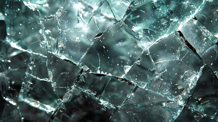 Poster - Close up of shattered glass, reflecting light in a dark room