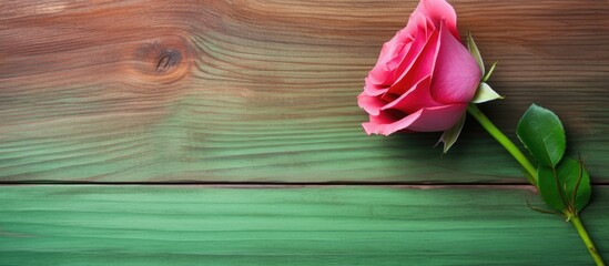 Aufkleber - In a full frame view a colorful background texture of green stained wood is complemented by a single rose colored wood plank border at the top creating an excellent copy space image