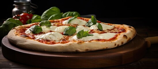 Poster - Authentic Italian Margherita pizza crafted with fresh homemade dough topped with creamy buffalo mozzarella and aromatic basil Enhance your taste buds with this tantalizing copy space image