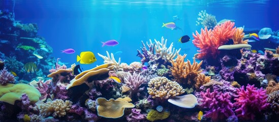 Aufkleber - The aquarium showcases a stunning close up of exotic corals with an eye catching copy space image