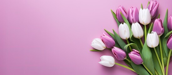Poster - A collection of purple and white tulips arranged in a bouquet is shown from above placed on a pink background The image is suitable for a greeting card and contains copy space