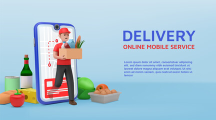 Aufkleber - Online supermarket. 3D grocery shop. Mobile application. Product delivery from market basket. Phone app. Courier traffic route. Express shipment. Order logistics. Vector banner design
