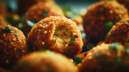 Wall Mural - Close-up of falafel balls with sesame seeds and chopped herbs, food background