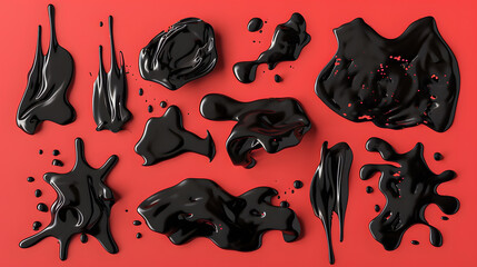 Poster - Set of black abstract shapes covered with texture. Collection of amorphous drops of various irregular shapes on a red isolated background. Graphic elements for your. Generative AI.