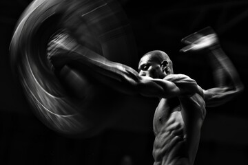 Discus Thrower in Mid Spin with Intense Focus, Black and White Photography for Athletic Inspiration