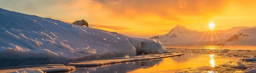 Wall Mural - Breathtaking Arctic sunset over icy landscape with mountains and reflecting water, showcasing nature's raw beauty.