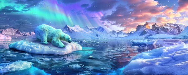 Wall Mural - Polar bear on ice floe with stunning northern lights in a breathtaking arctic landscape at sunset.