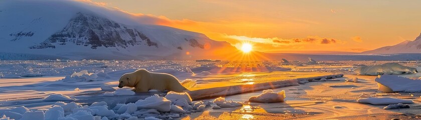 Wall Mural - A polar bear walks across icy terrain at sunset with mountains in the background. Stunning natural scene in a cold and remote region.