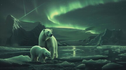 Wall Mural - Polar bears under the mesmerizing Northern Lights in an icy Arctic landscape, showcasing the beauty and harshness of the natural world.