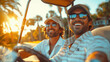 © MoreThanProd - People on the golf course happy and smiling looking at the camera, sport golf and entertainment on the background of the sunset. Two friends of a business man in a golf car. generative ai