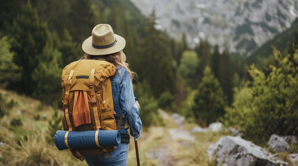 A beautiful girl with a backpack goes on a hike in the mountains, a trip to the mountains