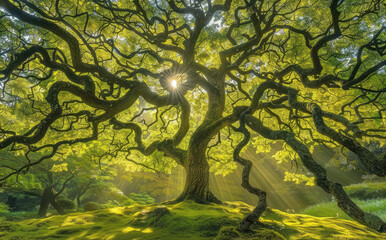 Wall Mural - A majestic Japanese maple tree with its branches sprawling out, bathed in the soft glow of sunlight filtering through lush green leaves.