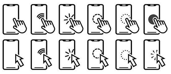 Fototapete - Smartphone with cursor click on screen. Click hand and arrow cursor in phone icons