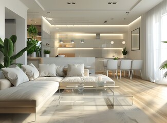 Modern living room with white walls and a light wooden floor, a beige sofa in front of a glass 