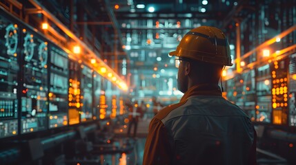 Wall Mural - Industrial engineer in a hard hat monitoring futuristic control panels in a high-tech factory environment with glowing displays and machinery