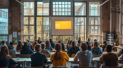 back view of a male student in a classroom, facing the teacher, large windows letting in sunlight in