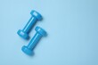 © New Africa - Two dumbbells on light blue background, top view. Space for text