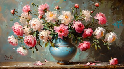 Sticker - Beautiful pink and white flowers arranged in a blue vase. Perfect display of nature's beauty. Traditional still life painting with soft colors and delicate details. AI