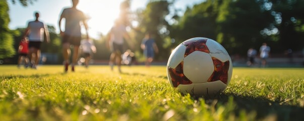 Group of friends playing soccer in a sunny park selective focus, vibrant, Fusion, Park backdrop