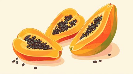 Wall Mural - Enjoy the bounty of summer fruits for a healthier lifestyle including whole and half papayas Check out this vibrant 2d illustration of a cartoon flat icon isolated on a white background