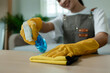 © kamiphotos - housewife is cleaning all furniture in the house to remove dust and keep everything neat, daughter is helping her mother do housework wearing glove and apron, cleaning and smiling.