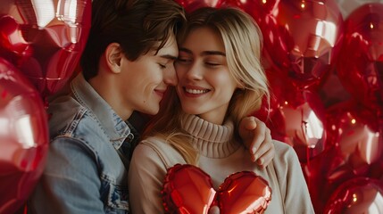 Wall Mural - Three friends celebrating with red heart shaped balloons, embracing and smiling, capturing the joy and warmth of friendship and love