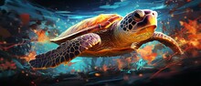 Sea Turtle With Fire And Water Elements Intertwined Amidst Plastic, Surreal Style, Digital Painting, Contrasting Hues 8K , High-resolution, Ultra HD,up32K HD