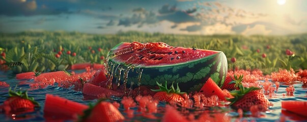 Ripe watermelon and strawberries spread across a sunlit field, capturing the essence of summer freshness and vibrant natural beauty.