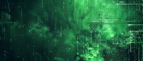 Wall Mural - Glowing green and binary code horizontal mobile web banner cyberpunk aesthetic background for copy space.banner grunge backdrop