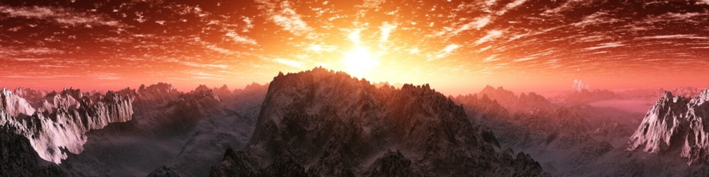 Beautiful sunrise or sunset over the mountains panorama, mountain landscape, 3D rendering