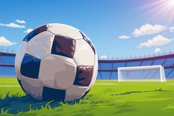 Wall Mural - Close-up soccer ball lays on the grass with a goal in the background. Background for sports event poster or banner design. For sports events, sport's camps, social media graphics, website banners.