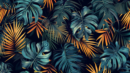 Creative nature background. Turquoise and orange tropical monstera and palm leaves. Minimal summer abstract pattern in jungle or forest.